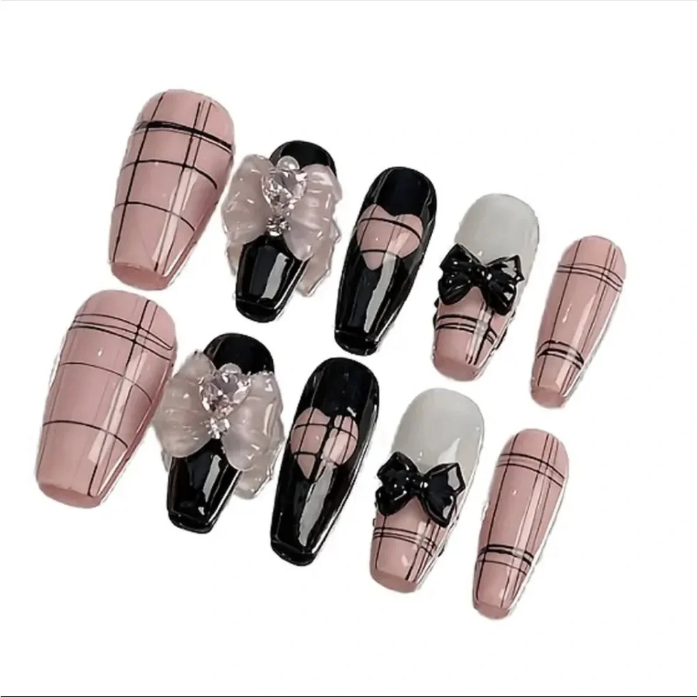 New Pink & Black Plaid 3D Nail Art Set reusable handmade acrylic Medium Length